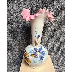 Vintage Cased Glass White & Pink Ruffle Edge Hand Painted 7" Vase Floral